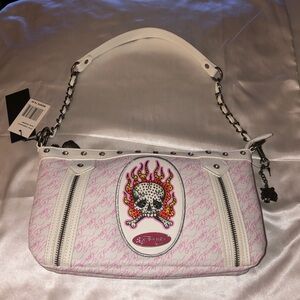 Ed Hardy White & Pink Shoulder Bag Flaming Skull Patch Crystal Accents NWT